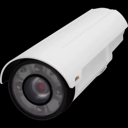AXIS Q17-65-LE from AXIS COMMUNICATIONS - PT Mount is a bullet-style camera for outdoor use with Optimized IR. The camera is viewed from its left.