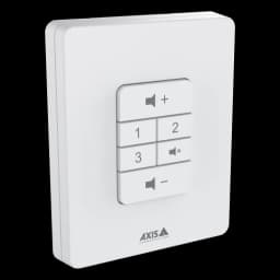 White volume controller for wall mount. C8310 is from Axis Communications - viewed from its right angle
