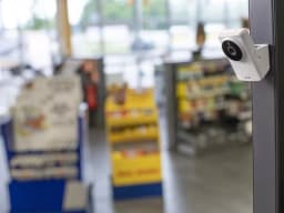 AXIS M1055-L from AXIS COMMUNICATIONS - Box Camera, mounted on a pole in a gas station store
