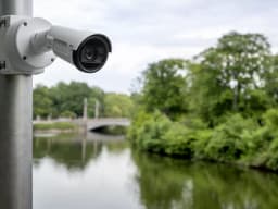 AXIS P1487-LE from AXIS COMMUNICATIONS - Bullet Camera mounted on a pole infront of a pond, surrounded by trees