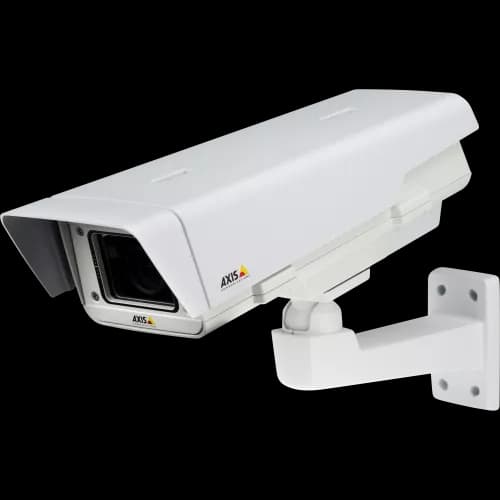 AXIS Q1775-E from AXIS COMMUNICATIONS - flexible outdoor-ready day/night camera with WDR – Dynamic range. The IP camera is viewed from its left.
