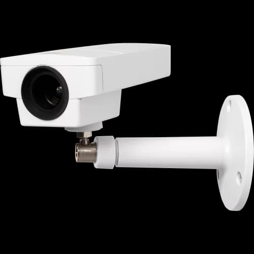 AXIS M1145 from AXIS COMMUNICATIONS - IP camera in compact design with day and night functionality. The camera is viewed from its left.