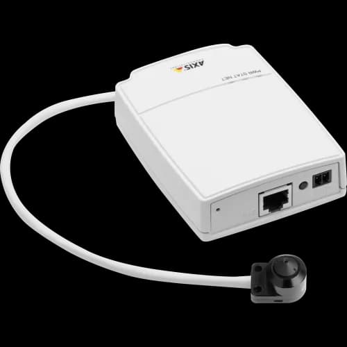 AXIS P1204 from AXIS COMMUNICATIONS - miniature HDTV pinhole camera in a functional and discreet design. The IP camera is viewed from its right.