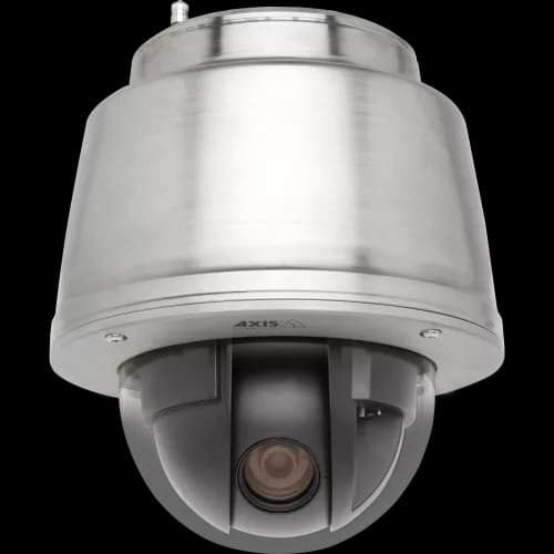 IP Camera AXIS Q6044-S has SFP slots for fiber, RJ45 connections and casing for pressurized nitrogen. Viewed from front. from AXIS COMMUNICATIONS