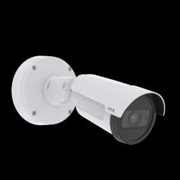 P1467-LE in black and white, mounted on a wall. from Axis Communications - viewed from its left angle