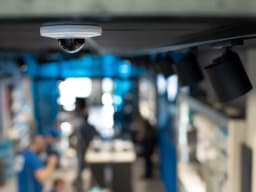 M5075 camera witch is white and black with the AXIS LOGO is handing från the celing in a retail store from AXIS COMMUNICATIONS