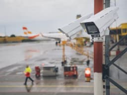 AXIS Q1656 from AXIS COMMUNICATIONS - Box Camera, mounted on a pole outdoors, airplane in the background