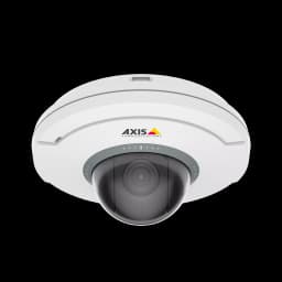 AXIS M5075 from AXIS COMMUNICATIONS - white and black camera with the AXIS LOGO is viewed from its front