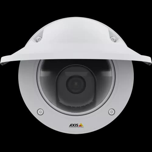 IP Camera AXIS P3245 ve has Remote focus and zoom and Zipstream supporting H.264 and H.265. The camera is viewed with weathershield from front from AXIS COMMUNICATIONS