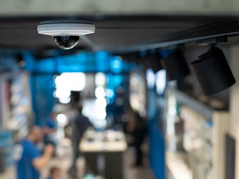 M5075 camera witch is white and black with the AXIS LOGO is handing från the celing in a retail store from AXIS COMMUNICATIONS